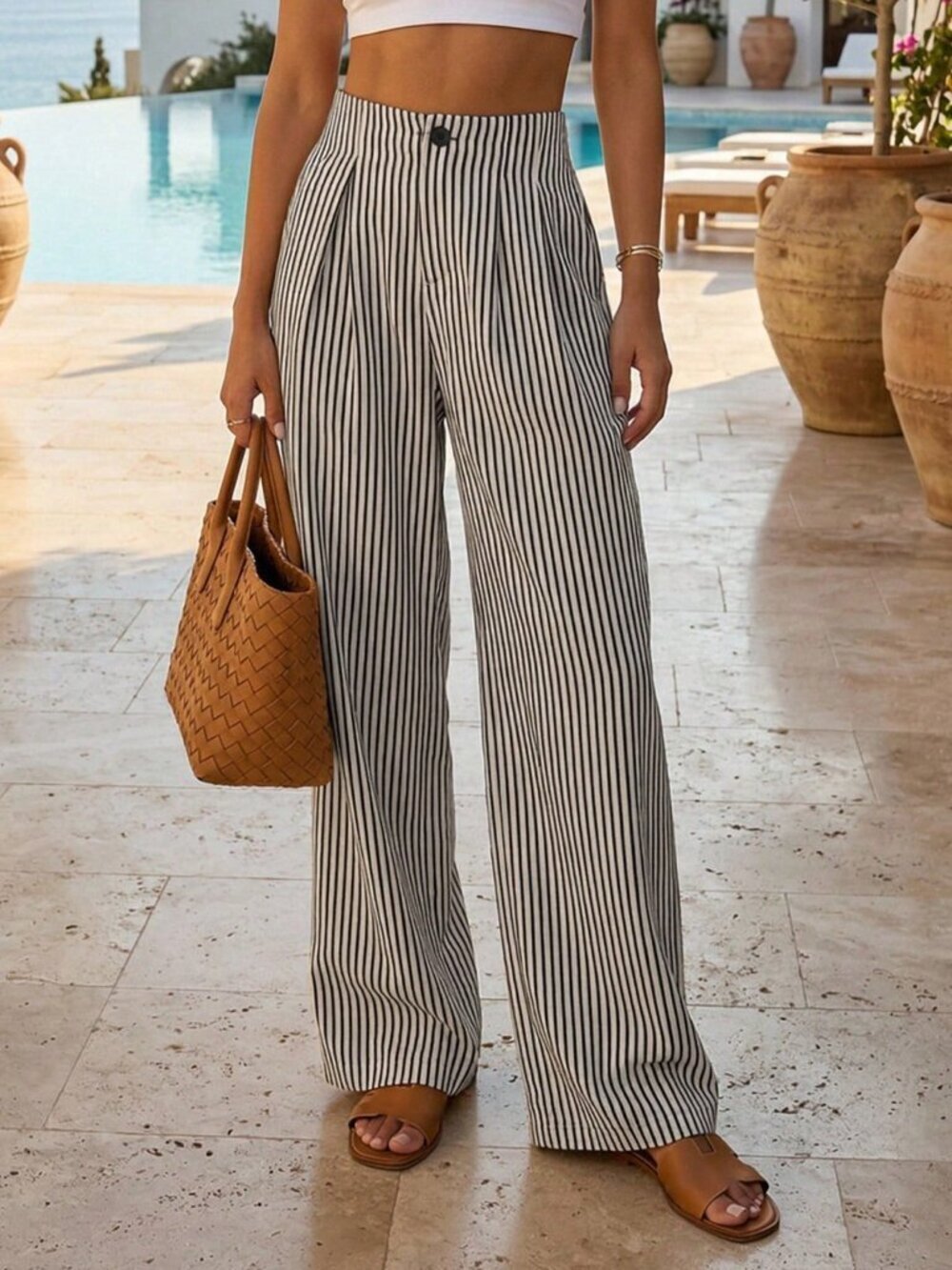 Black Casual Women's Striped Wide Leg Pants - Picture 9 of 9